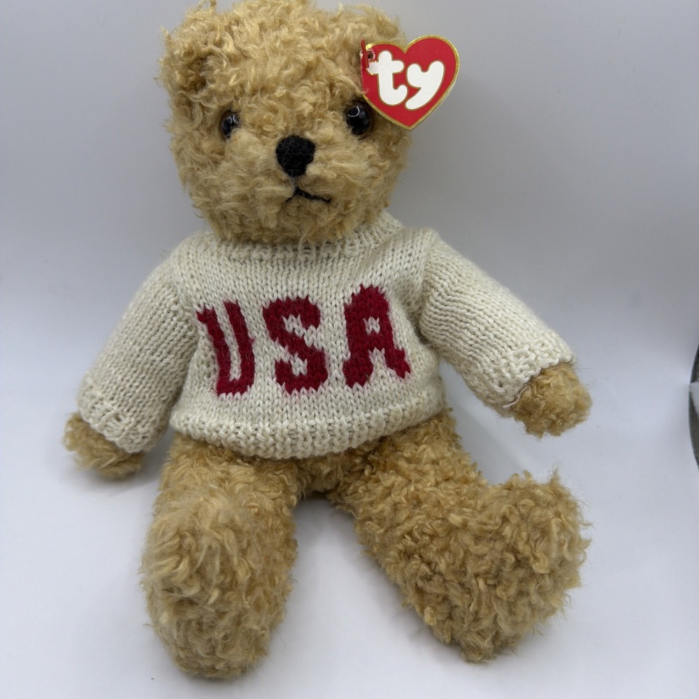 1992 Ty Beanie Baby Tan Bear w/ USA Sweater Red White Patriotic 8"